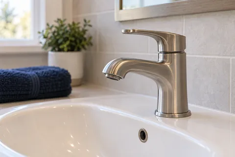 Brushed nickel bathroom faucet and white basin